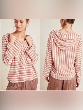 Anthropologie Saturday Sunday Chenille Striped Hoodie Sweater V Neck Cozy XS